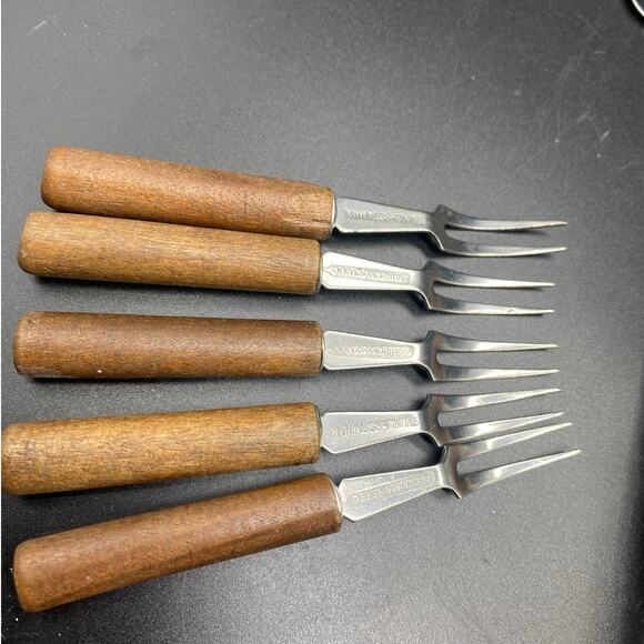 MCM Wood Handled Salad set, cheese Slicer/Server,5 cocktail‎ Forks Japan/Taiwan - Picture 3 of 10